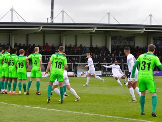 Ash Hemmings tries his luck with a free-kick as Fylde's set-piece specialist Danny Rowe remained on the bench  Picture: AFC Fylde