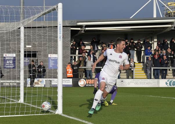 Andy Bond celebrates his goal against Harrogate Town on Wednesday night Picture: Steve McLellan