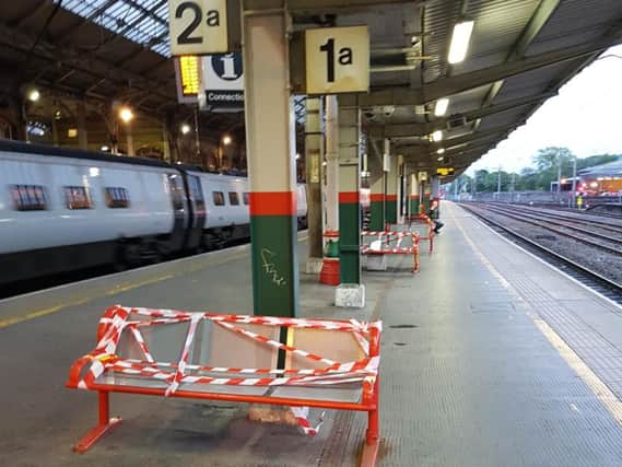 The seats out of order at Platforms One and Two at Preston Station