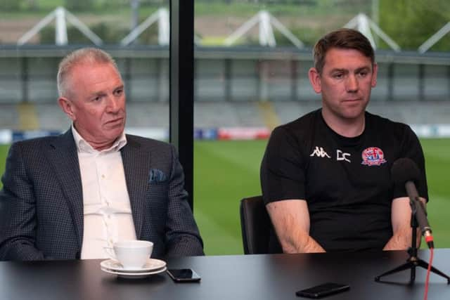 Dave Challinor (right) with AFC Fylde owner David Haythornthwaite at their press conference before departing for Wembley