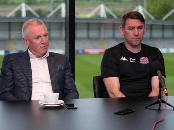 Dave Challinor (right) with AFC Fylde owner David Haythornthwaite at their press conference before departing for Wembley