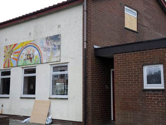 The vandalised Horsebridge Community Centre at Grange Park