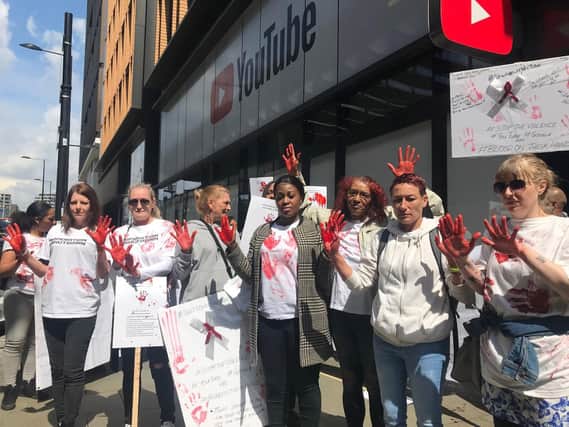 Anti-knife crime protesters from #OperationSutdown demonstrate against YouTube outside the Youtube Space near King's Cross Station, King's Cross, London.