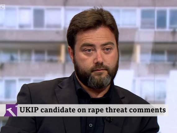 Video grab taken from BBC Two of UKIP MEP candidate Carl Benjamin appearing on Victoria Derbyshire.