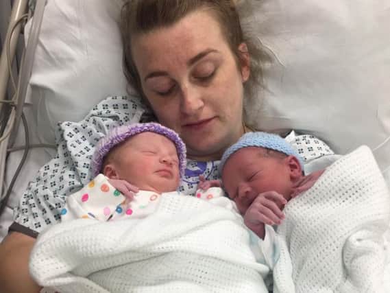Catherine Sewell, of Bispham, with her twins Daniella and Vinne Barbera, who were born on different days over Easter