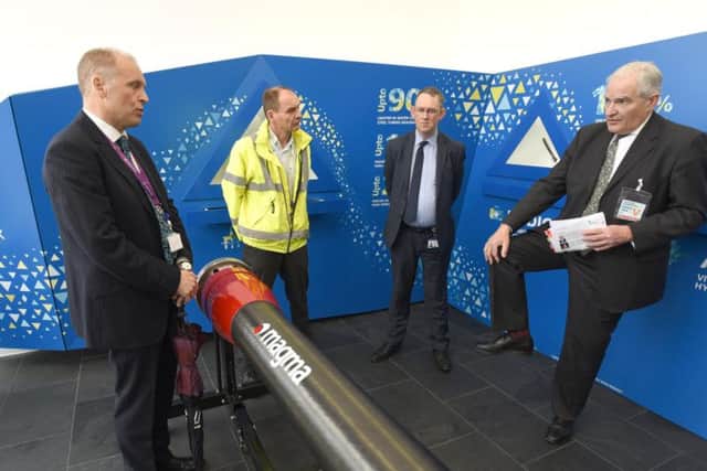 BEIS Parliamentary Under Secretary, Lord Oliver Henley, visits Victrex at Thornton.  He is pictured with research and development director Paul Hunt, energy business unit director James Simmonite and Blackpool North and Cleveleys MP Paul Maynard.