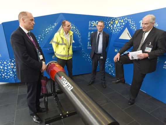 BEIS Parliamentary Under Secretary, Lord Oliver Henley, visits Victrex at Thornton.  He is pictured with research and development director Paul Hunt, energy business unit director James Simmonite and Blackpool North and Cleveleys MP Paul Maynard.