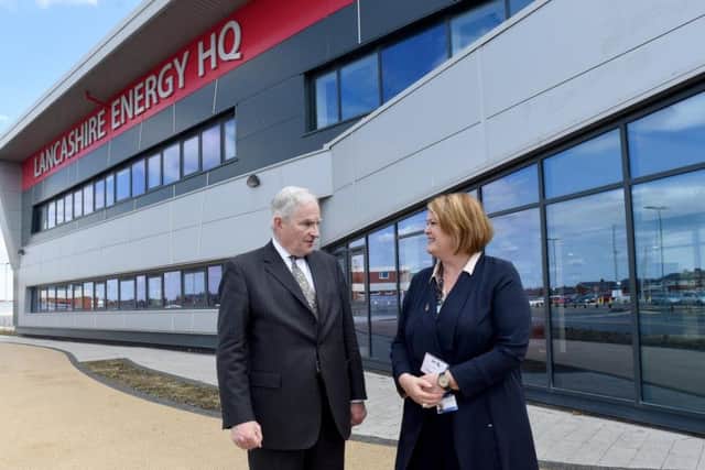 BEIS Parliamentary Under Secretary Lord Henley outside Blackpool and The Fylde College's Lancashire Energy HQ with principal and chief executive Bev Robinson