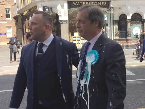 Nigel Farage after he was doused in milkshake during a campaign walkabout in Newcastle.