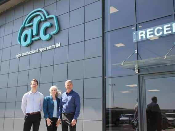Flde Coast ARC's new building at the airport enterprise zone. Pictured are, left to right, Dane Hyland, bodyshop manager, Linda Hyland, HR director and Dave Hyland, managing director