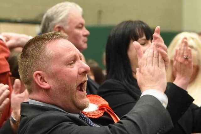 Coun Simon Blackburn celebrating at the election count