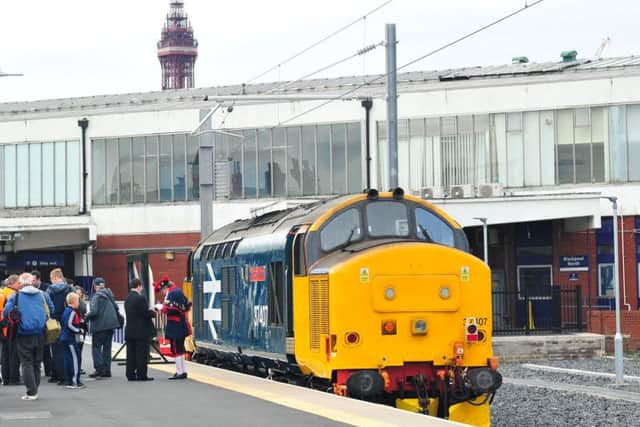 The Blackpool Tower loco with its namesake seen above Blackpool North station