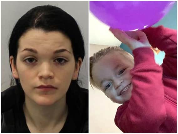 Adrian Hoare (left) has been jailed for two years and nine months for child cruelty after her three year old son, Alfie Lamb (right), was crushed to death.