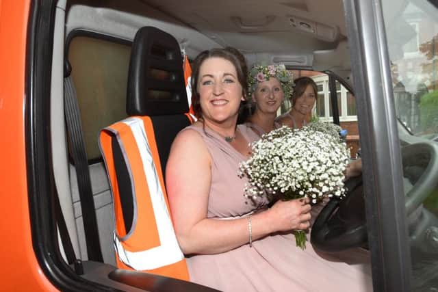 BLACKPOOL  31-05-19
A bridesmaid drives herself and other bridesmaids to church, 

A couple who met through a removals business, arranged for removal vans from Clark and Son to take the bridal party to St Paul's Church, Marton, on their wedding day.