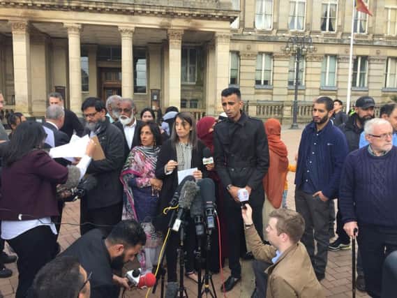 Protesters who have been demonstrating against relationship education materials being used at Anderton Park Primary School hold a press conference in Birmingham city centre.