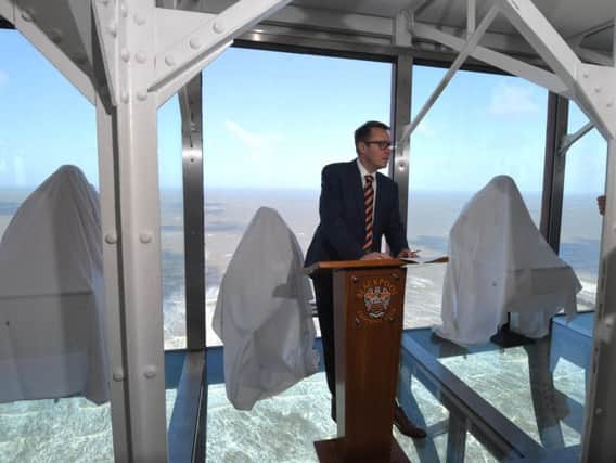 Ben Hatton makes Monday's announcement from the top of Blackpool Tower