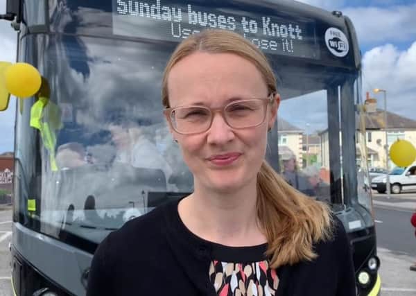 Cat Smith outside the new Knott End Sunday bus service, which is coming back June 23 after years off the road
