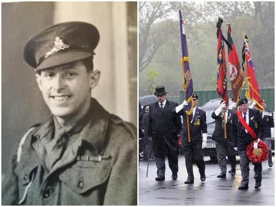 Right: The funeral of Harry Motteram at Carleton Crematorium in 2015. Left: Harry in his military uniform