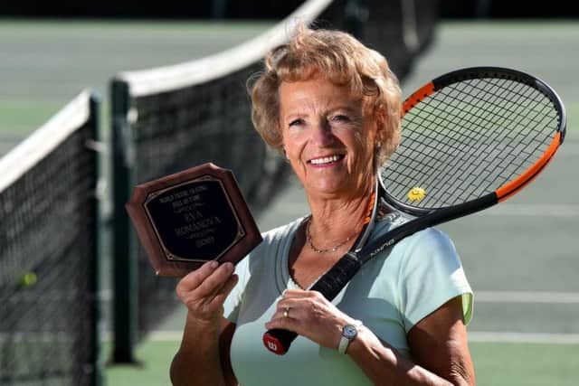 Eva at St Annes Tennis Club with her Hall of Fame plaque