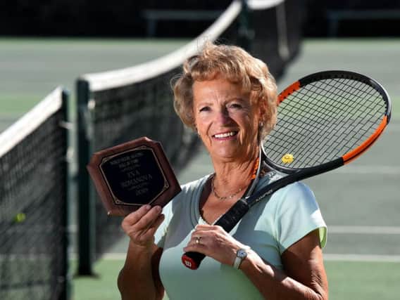 Eva at St Annes Tennis Club with her Hall of Fame plaque