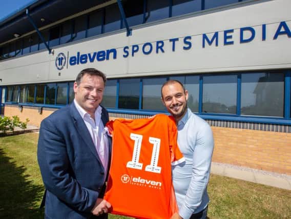 Whitehills based Eleven Sports Media has teamed up with Blackpool FC. Pictured are Blackpool FC's David Paton and chief executive of Eleven Sports Media Matt Cairns