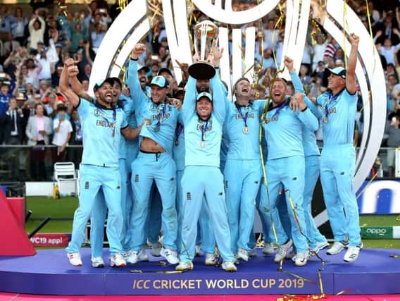 England captain Eoin Morgan lifts the Cricket World Cup after the most dramatic Lord's final imaginable