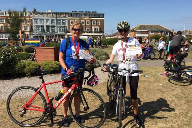 Sonya Jenkinson and Carol Brown cycle from Manchester to Blackpool to raise money for the new cancer triage unit at Blackpool Victoria Hospital