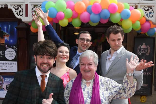 Ruth Eastwood with Ian McFarlane, writer of Around the World in 80s Days, with cast members Christina Meehan, Oliver Mawdsley and Andrew Bentley at the Grand Theatre new season launch of the 125th anniversary year