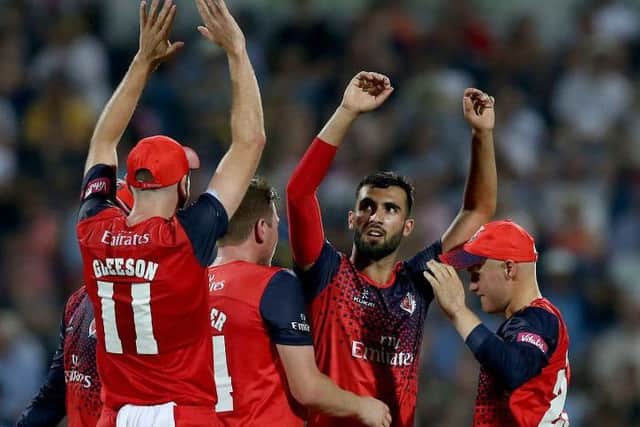 Lancashire celebrate Saqid Mahmood's dismissal of Nicholas Pooran Picture: Getty Images