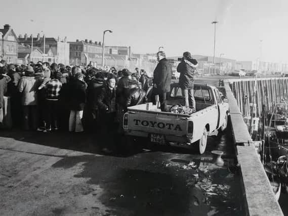 A meeting of inshore fishermen at Jubilee Quay in Fleetwood in February 1981