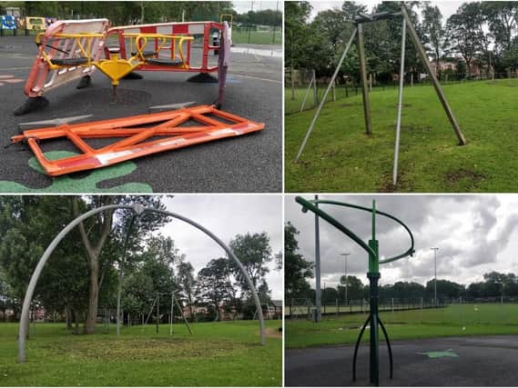 From top left to right: A yellow roundabout cordoned off using barriers, a zipwire missing its seat, a removed nest swing, and missing seats on a swinging circus swing at Blackpool's Stanley Park on Monday, August 12, 2019.