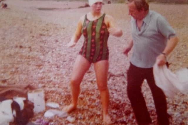 Julie aged 15 with dad Philip on Shakespeare Beach near Dover about to set foot into the Channel