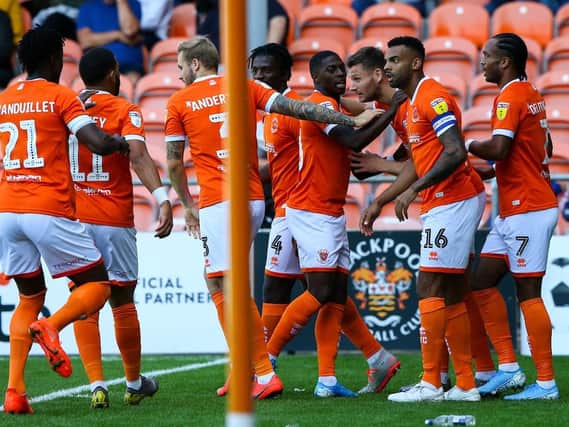 Edwards celebrates his first goal in Blackpool colours