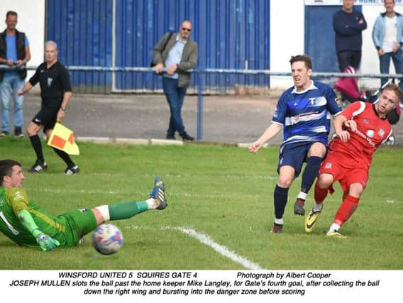 Joey Mullen scores for Squires Gate in the nine-goal thriller at Winsford   Picture: ALBERT COOPER