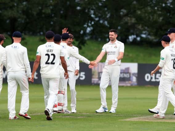 James Anderson celebrates a wicket for Lancashire Seconds at Crosby