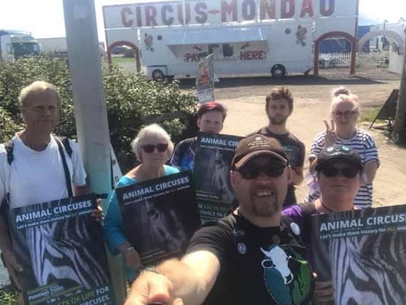 Dave McAllister with members of the "Blackpool environment awareness compassion health" group protesting outside Circus Mondao.