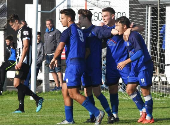 Squires Gate celebrate Dean Ing's (second right) winning goal at Whickham   Picture: ALBERT COOPER