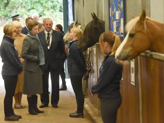 Princess Anne is shown round the stables at Penny Farm