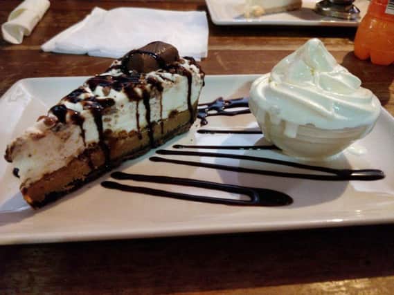The chocolate Dime bar cake (4.75), which was a slice of toffee crunch pie with Dime bar pieces, served with ice cream
