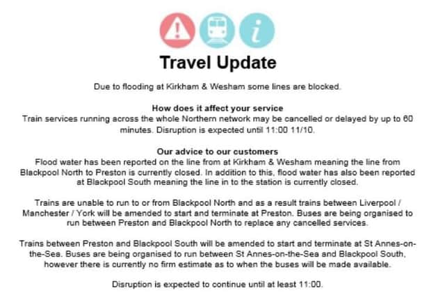 Blackpool to Preston rail services have been cancelled due to flooding on the lines at Kirkham and Wesham