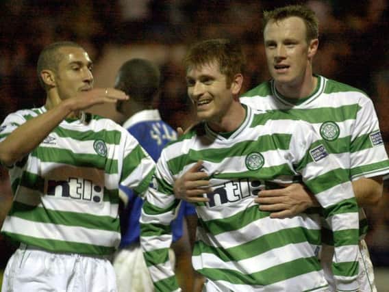 Tommy Johnson, pictured centre, alongside former Celtic teammate Henrik Larsson