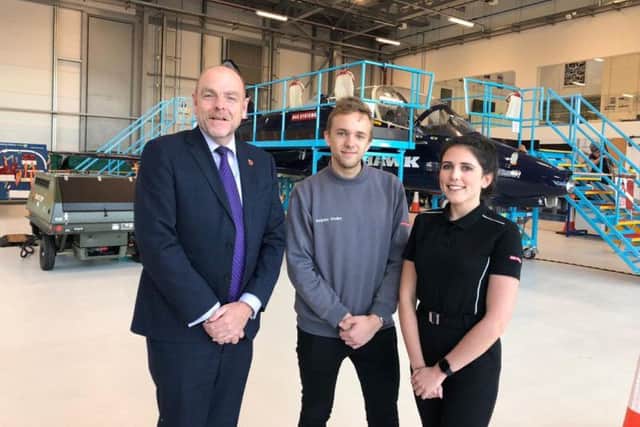 Academy of Skills and Knowledge BAE Systems Samlesbury. Pictured is Principal Nigel Davies with apprentices Ben Whalley and Alicia  Bagshaw
