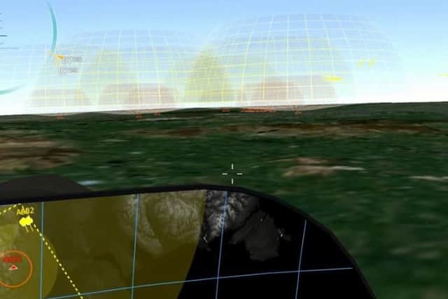 The augmented reality display shows such things as the range a missile battery on the ground has  the dome shaped nets  so that pilots can avoid that airspace.
It is projected before the pilot's eyes over the real world view.