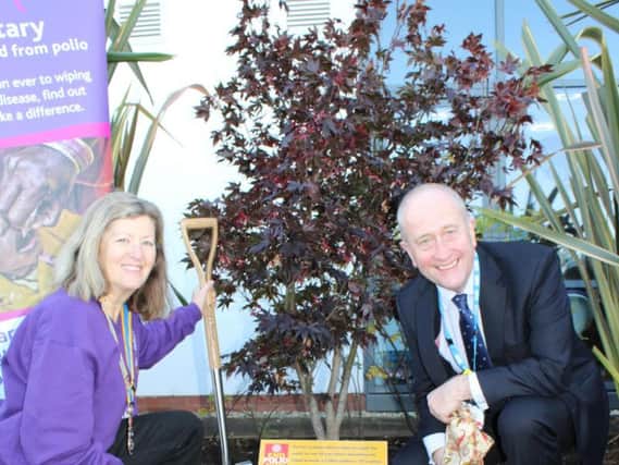 Angela Butcher, president of Blackpool Palatine Rotary and Pearse Butler, Chairman of Blackpool Teaching Hospitals NHS Foundation Trust, at the planting of the Acer tree to mark the fight against polio
