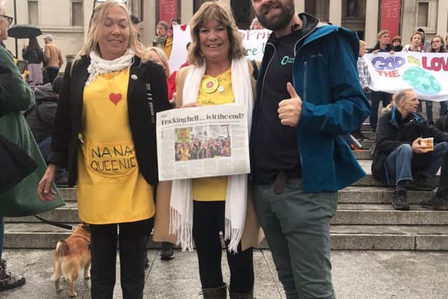 Friends of the Earths Jamie Peters with Tina Rothery, left and Julie Daniels from teh Lancashire Nanas