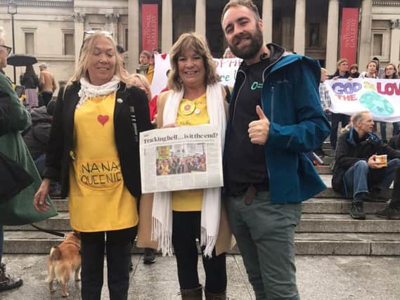 Friends of the Earths Jamie Peters with Tina Rothery, left and Julie Daniels from teh Lancashire Nanas