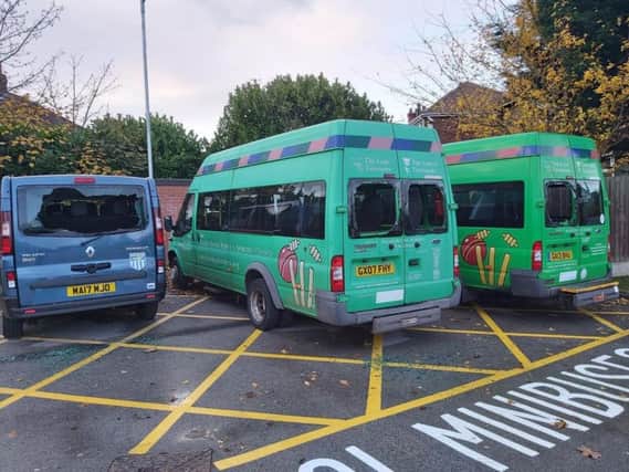All three of Highfurlong Schools minibuses had windows smashed. Pictures provided by Neill Oldham