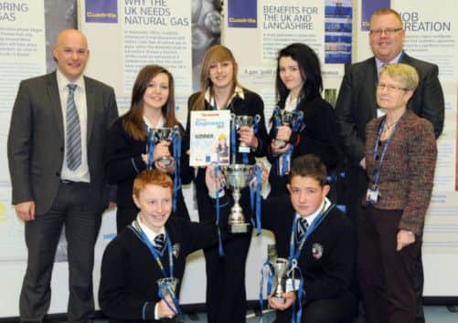The victorious pupils from Millfield School with Editor of the Gazette, Jon Rhodes (left) Cuadrilla Health and Safety Director Leon Jennings and College Vice Principal Catherine Hill.
