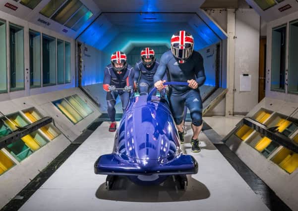 The Great Britain four-man bobsleigh team visit the wind tunnel facility at Warton