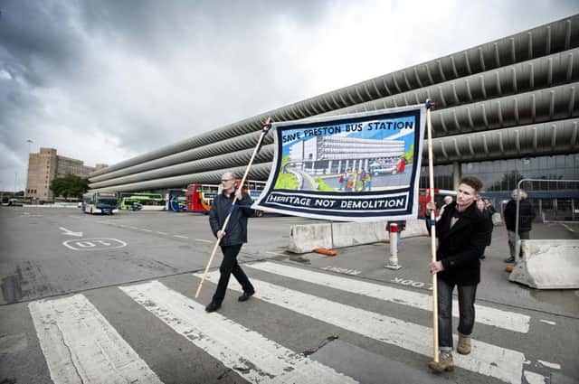 Photo Ian RobinsonCharles Quick and Mark Aston with the Save Preston Bus Station banner